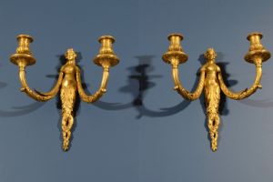 Paar Wandleuchter aus vergoldeter Bronze, spätes 19. Jahrhundert, Frankreich